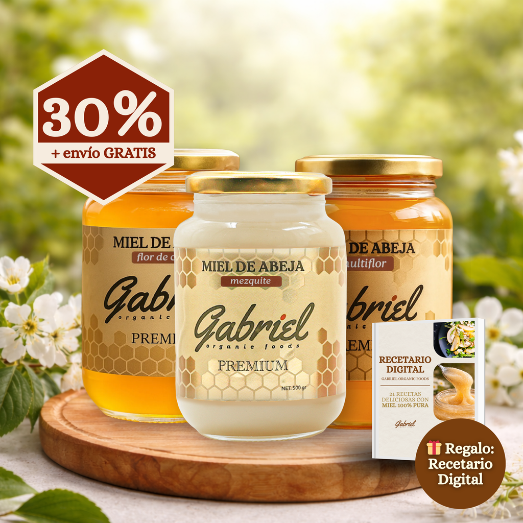 3 Tarros de Miel Pura: Flor de Mezquite, Flor de Costa y Multiflor (1.5 kg.)