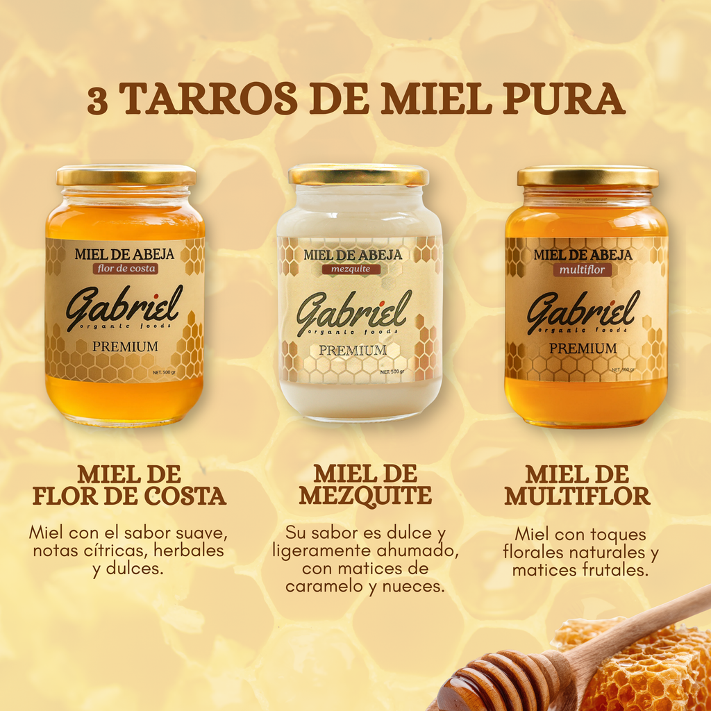 3 Tarros de Miel Pura: Flor de Mezquite, Flor de Costa y Multiflor (1.5 kg.)