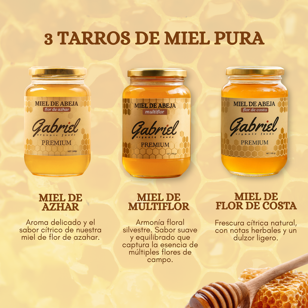 Paquete de 3 Tarros de Miel Pura: Flor de Azahar, Flor de Costa y Multiflor (1.5 kg.)