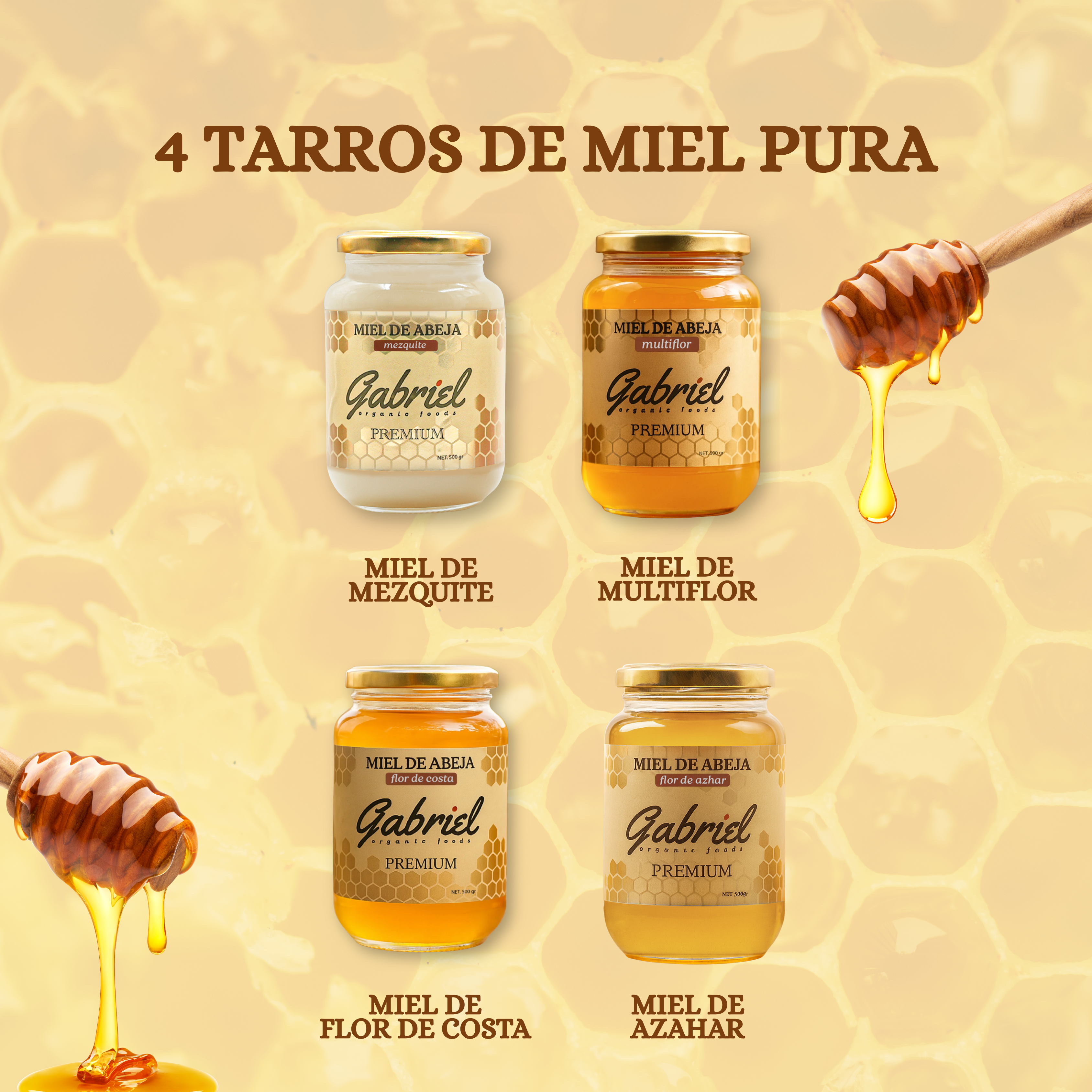4 Tarros de Miel Pura de Abeja: Flor de Costa, Flor de Mezquite, Flor de Azahar y Multiflor