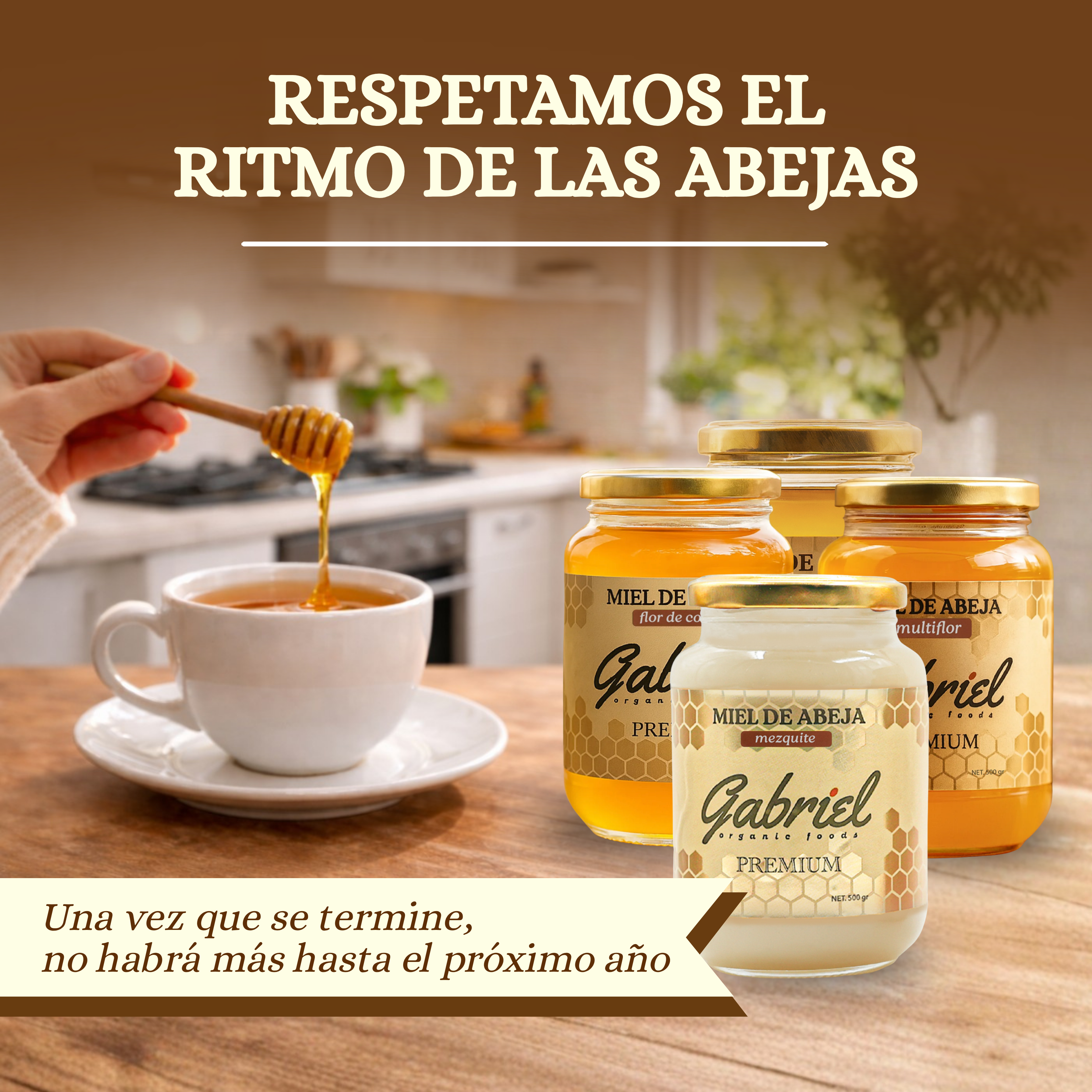 4 Tarros de Miel Pura de Abeja: Flor de Costa, Flor de Mezquite, Flor de Azahar y Multiflor