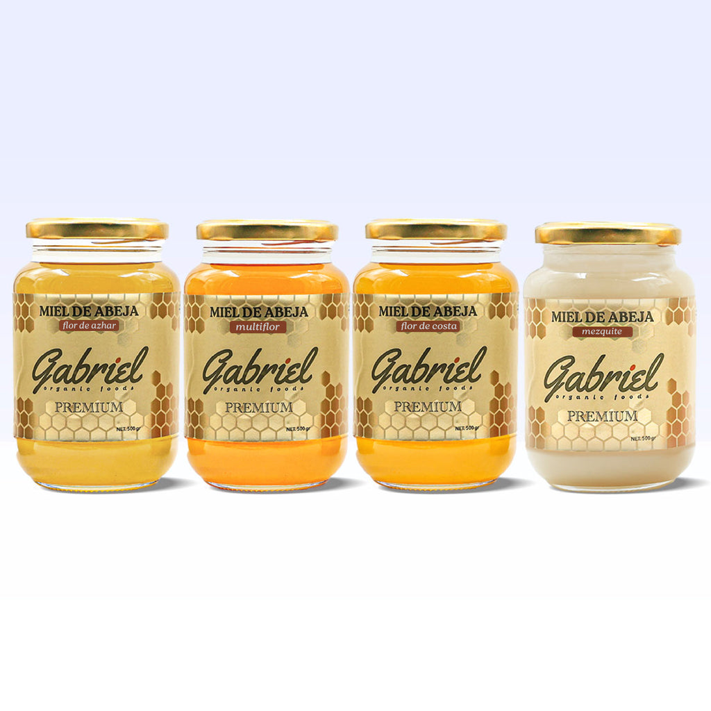 4 Tarros de Miel Pura de Abeja: Flor de Costa, Flor de Mezquite, Flor de Azahar y Multiflor