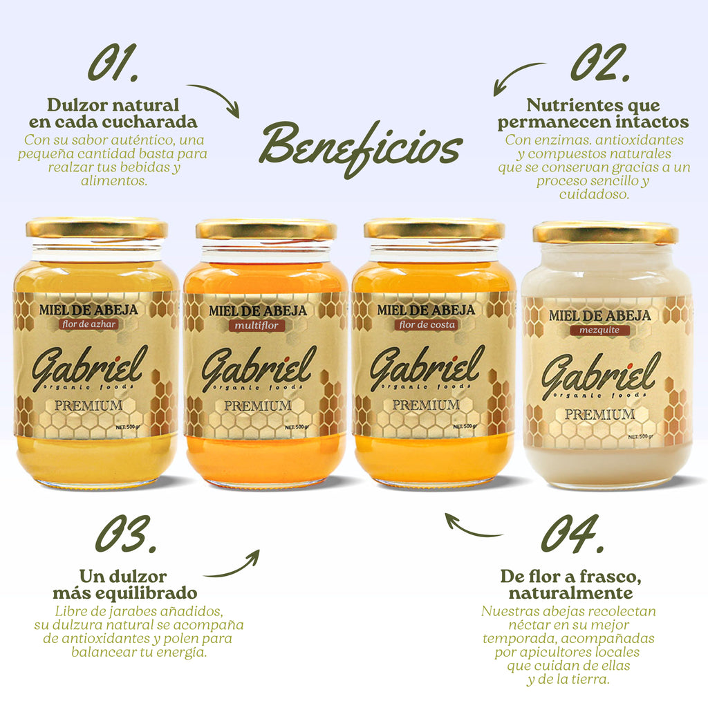 4 Tarros de Miel Pura de Abeja: Flor de Costa, Flor de Mezquite, Flor de Azahar y Multiflor