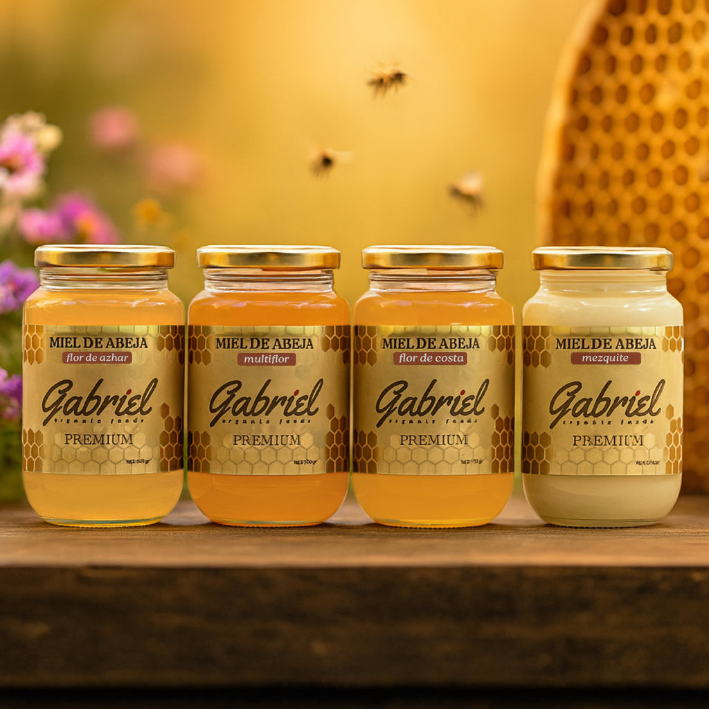 4 Tarros de Miel Pura de Abeja: Flor de Costa, Flor de Mezquite, Flor de Azahar y Multiflor