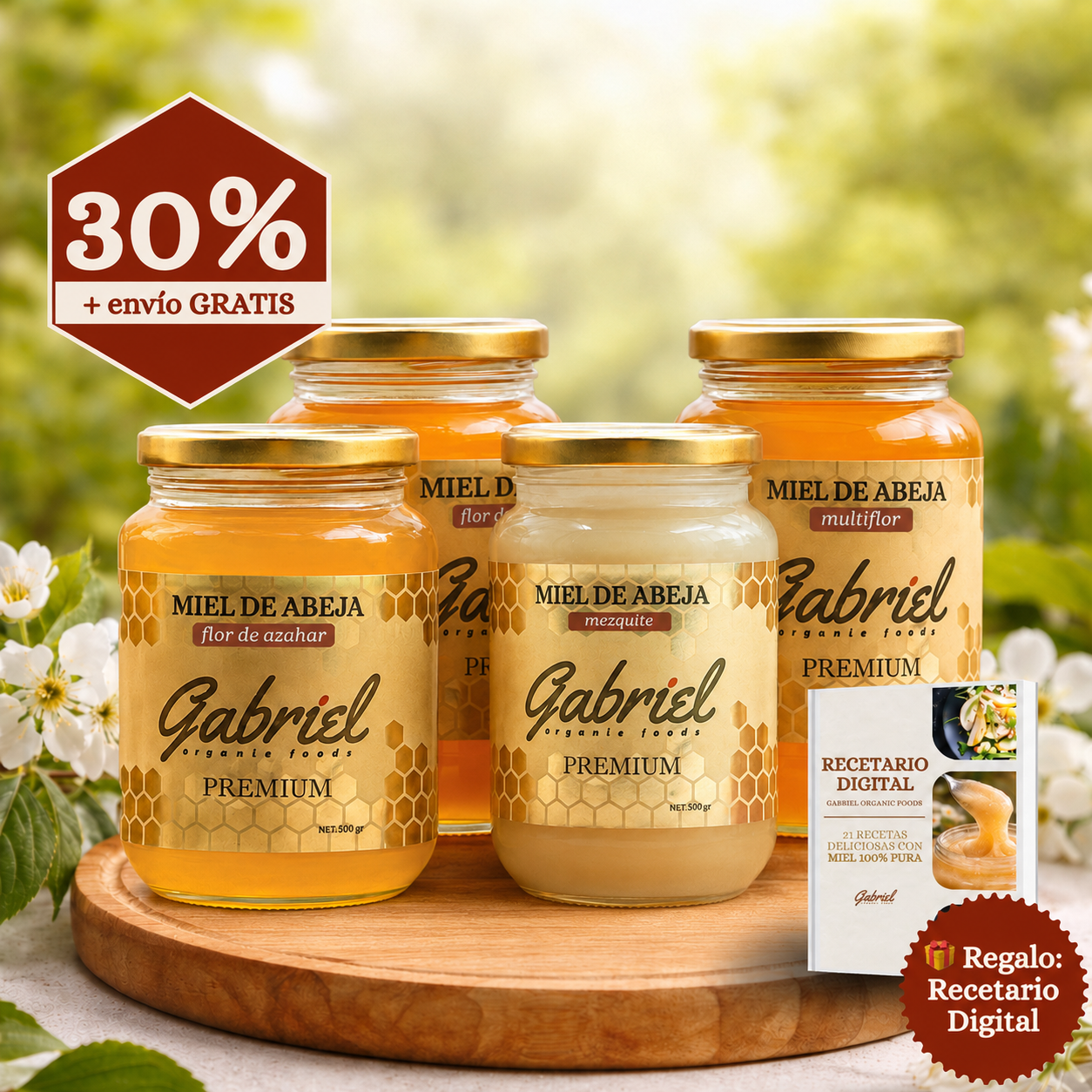 4 Tarros de Miel Pura de Abeja: Flor de Costa, Flor de Mezquite, Flor de Azahar y Multiflor