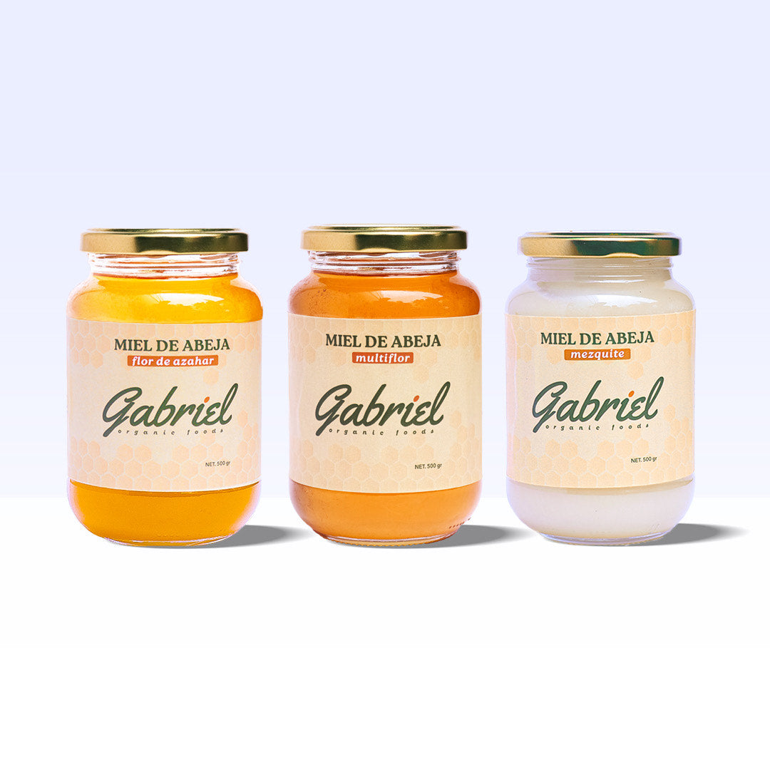 Paquete: Miel de Abeja 100% Pura de Flor de Costa, Miel de Abeja 100% Pura de Flor de Mezquite, Miel de Abeja 100% Pura Multiflor