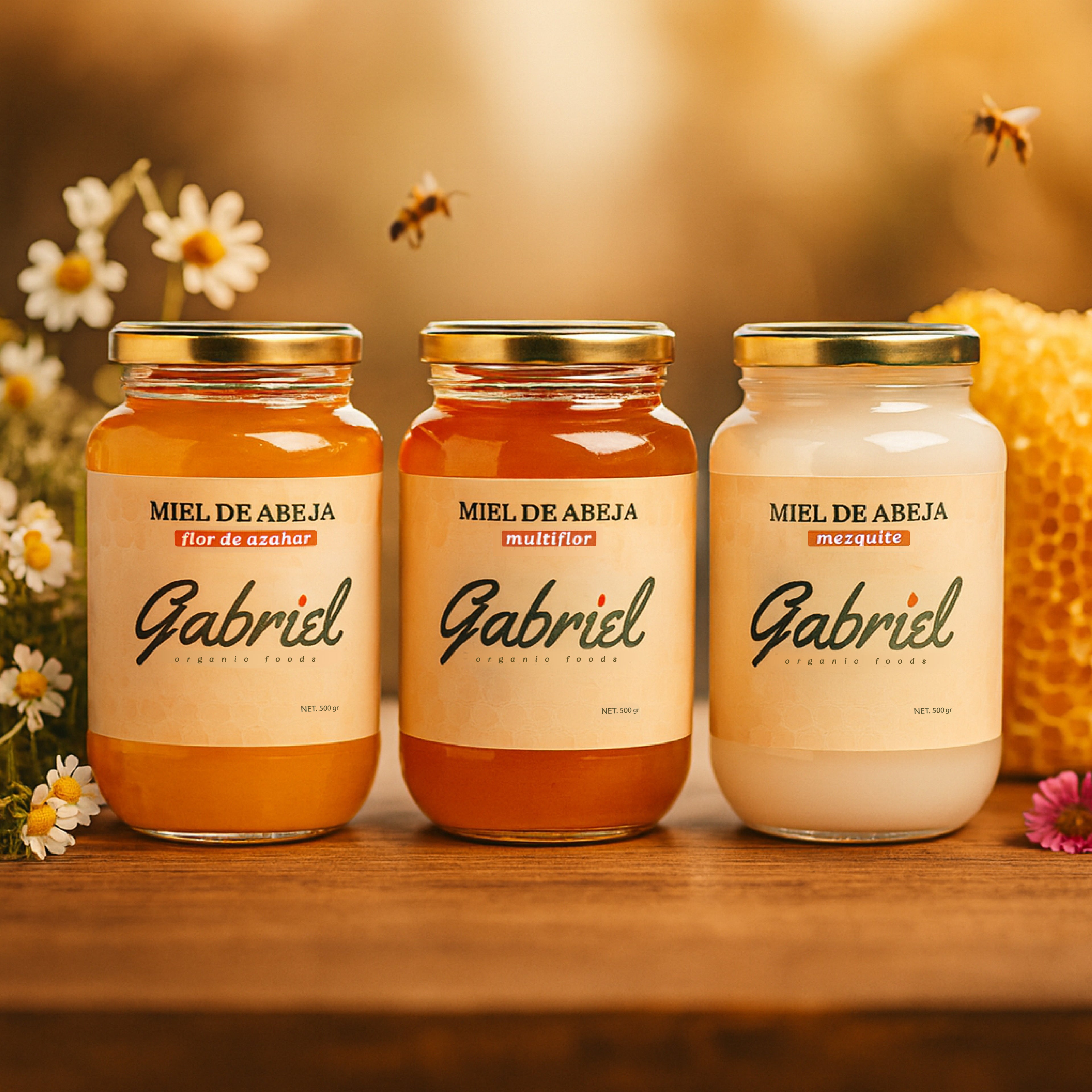 Paquete: Miel de Abeja 100% Pura de Flor de Costa, Miel de Abeja 100% Pura de Flor de Mezquite, Miel de Abeja 100% Pura Multiflor