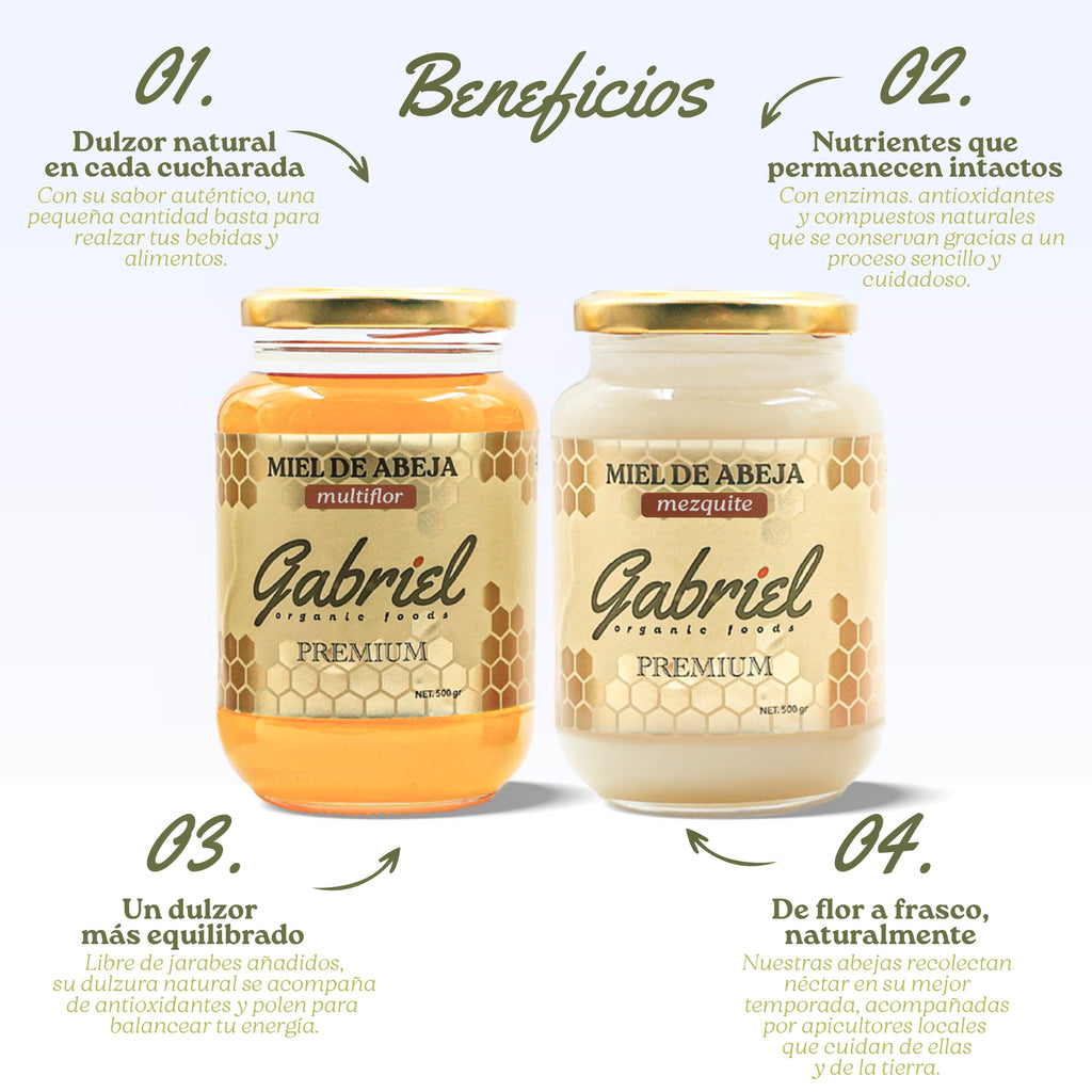 2 Tarros de Miel Pura: Flor de Mezquite y Multiflor (1 kg.)