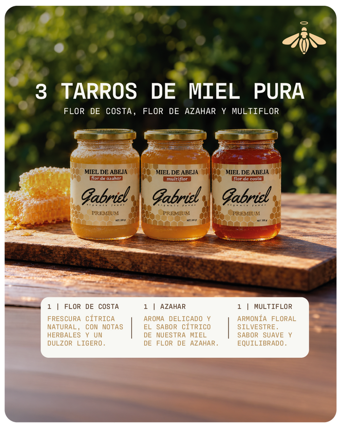 Paquete de 3 Tarros de Miel Pura: Flor de Azahar, Flor de Costa y Multiflor (1.5 kg.)