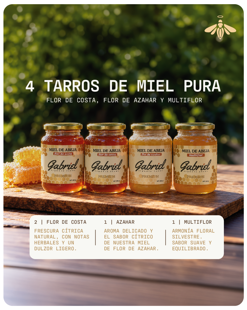 4 Tarros de Miel Pura de Abeja: Flor de Costa, Flor de Azahar y Multiflor